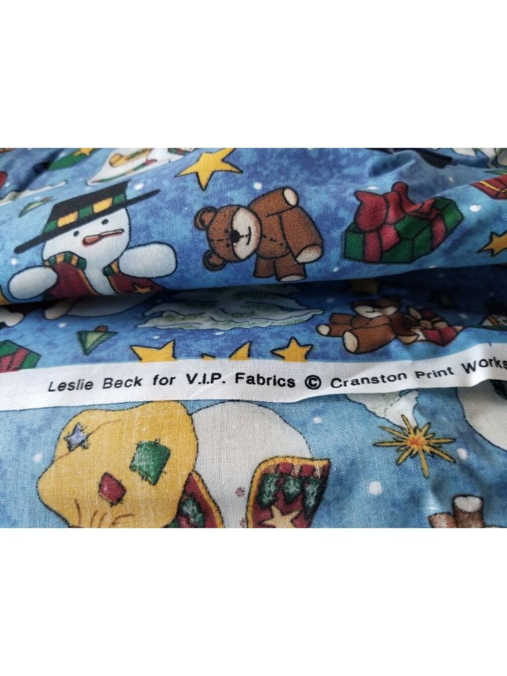 Material Keepsake Cotton Blue Fabric Holiday Snowmen Tree Sars Gifts Teddy Bear